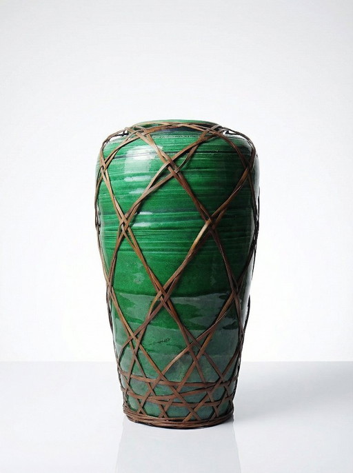 Antique Japanese green ceramic vase with Awaji Yaki bamboo lacing, 1900-1930