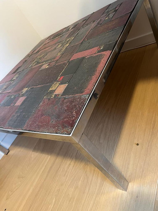 Table basse brutaliste originale Pia Manu avec glaçure dorée – Signée (Années 60)
