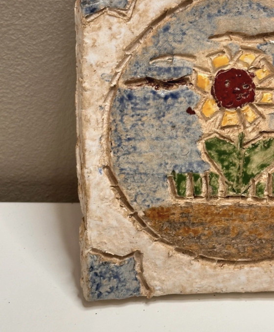 Image 1 of Brutalist Studio Ceramics | Sunflower Relief | Vintage Folk Art 1970s