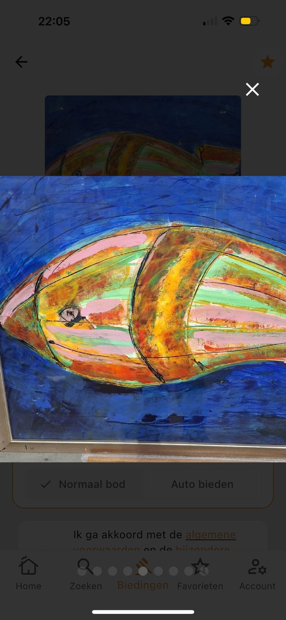 Image 1 of Maya Wildevuur - origineel werk - acryl schilderij - ingelijst - 90x70 cm -Vis