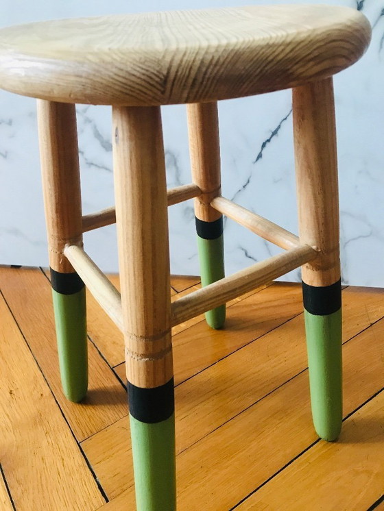 Image 1 of Solid wood stool with green and black legs