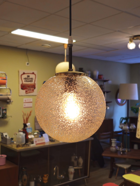 Image 1 of Vintage Hanglamp Glazen Bol Plafondlamp Lamp Messing 