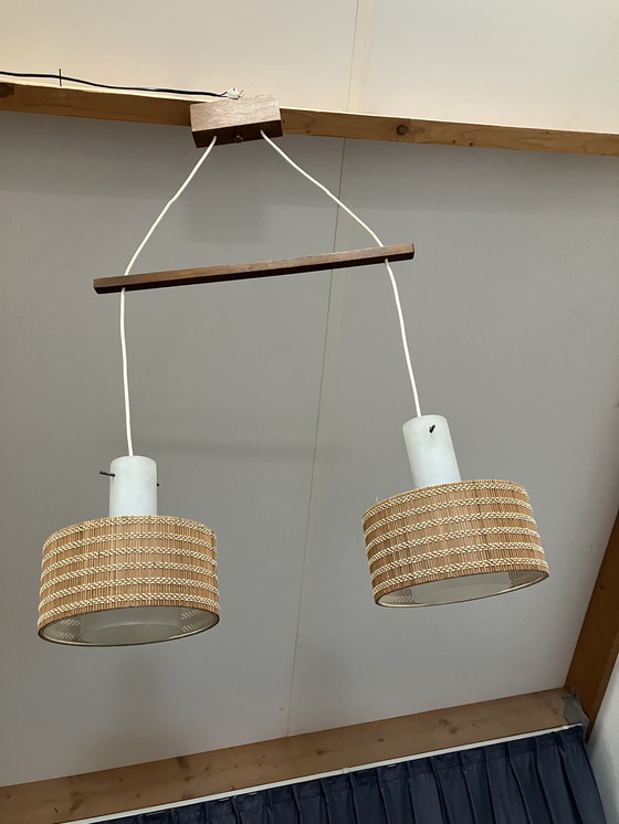 Image 1 of Vintage Scandinavische hanglamp met teak hout en houten kap