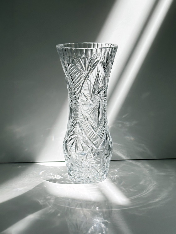 Image 1 of Soviet crystal glass vase lead cut Mid - Century 1960s 1970s Solid heavy lead crystal flower vase