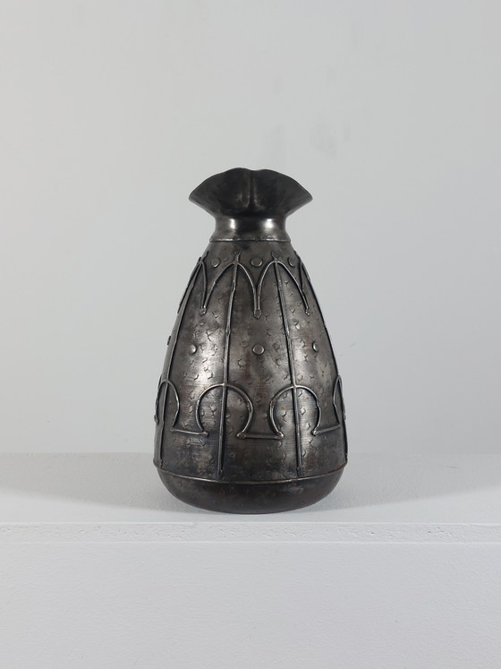 Image 1 of Hand-forged arts and crafts metal jug, carafe, vase, Brutalist style, France