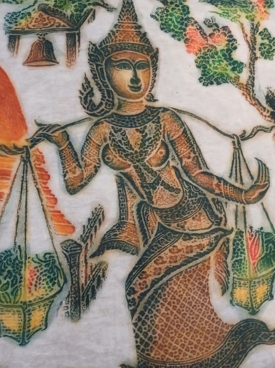 Old large polychrome Thai temple art rubbing on mulberry paper, Art Prints, Wood, Multi Color (photo 5 of 15)