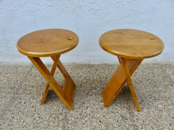 Een paar opklapbare krukjes van Roger Tallon, Sentou-editie, Frankrijk, 1980. – Wood (photo 9 of 14)