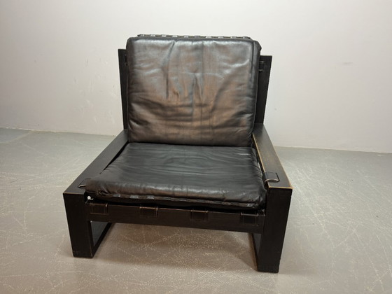 Image 1 of Beautiful Mid-Century Set of 2 Black Leather Brutalist Lounge Chairs, Designed by Sonja Wasseur (Amsterdam). 1970s.