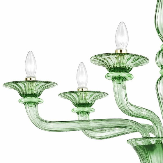 Image 1 of Lámpara de araña escultórica lineal “Rigadin” de cristal de Murano verde