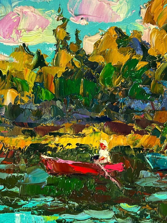 Image 1 of Peinture à l'huile originale représentant un paysage naturel en forêt d'été, sur des bateaux le long de la rivière
