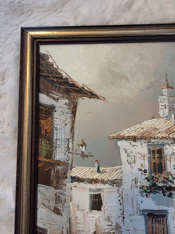 Atmospheric Village Scene, Oil on panel, Signed 'Pascual', Includes classic wooden frame, Art, Canvas, Beige (photo 4 of 9)