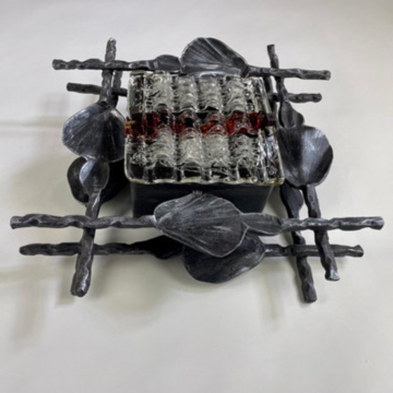 Image 1 of Pair of Brutalist wall sconces – Hand-Forged iron with Artistic glass – Italy 1960s–70s