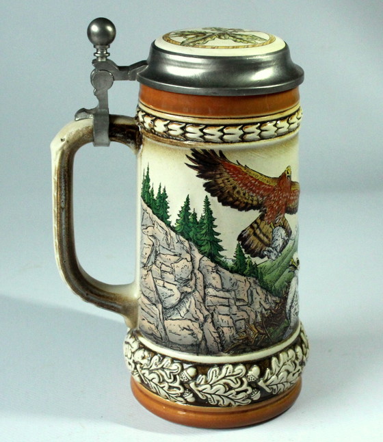 Image 1 of Original Gerz Chope à bière Faïence Avec couvercle en étain Aigle dans un motif de montagne, vintage
