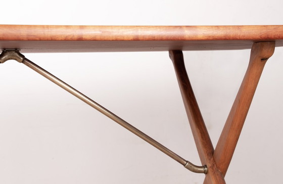Image 1 of Deense eettafel van massief teak en beukenhout met messing, model AT 303, ontworpen door Hans Wegner voor Andreas Tuck in 1960.