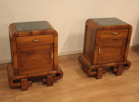 Image 1 of Pair of Art Deco Walnut Bedside Tables, 1950s Mid Century Modern, Italy