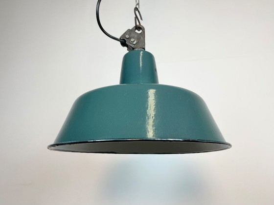 Image 1 of Industrial Petrol Enamel Factory Lamp with Cast Iron Top, 1960s