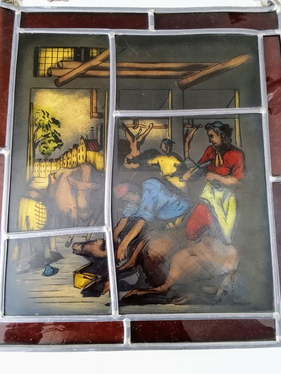 Image 1 of Antiek Glas in Lood Slagers Slachthuis Koeien