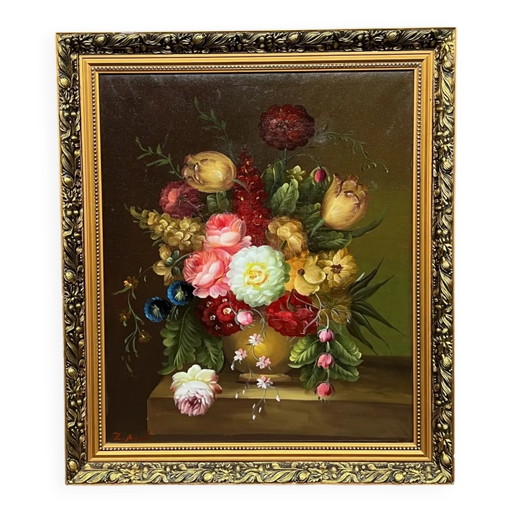 E. Srank. Nature morte aux fleurs dans le style de la peinture flamande. Huile sur toile. Pays-Bas, 20e siècle. 72x62 cm.