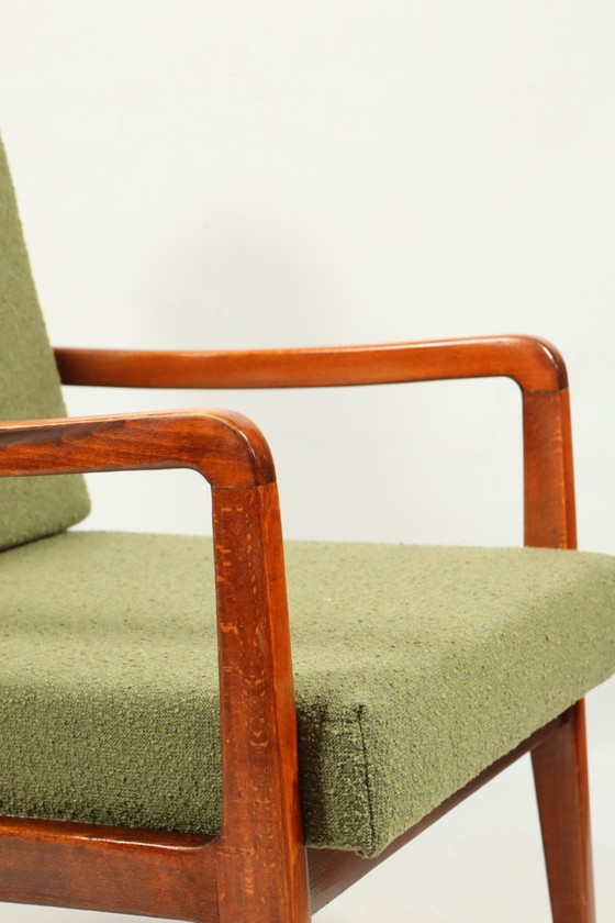 Image 1 of Mid Century Fauteuil Vintage Groen Boucle Kussen Houten Lounge Stoel, jaren 1980
