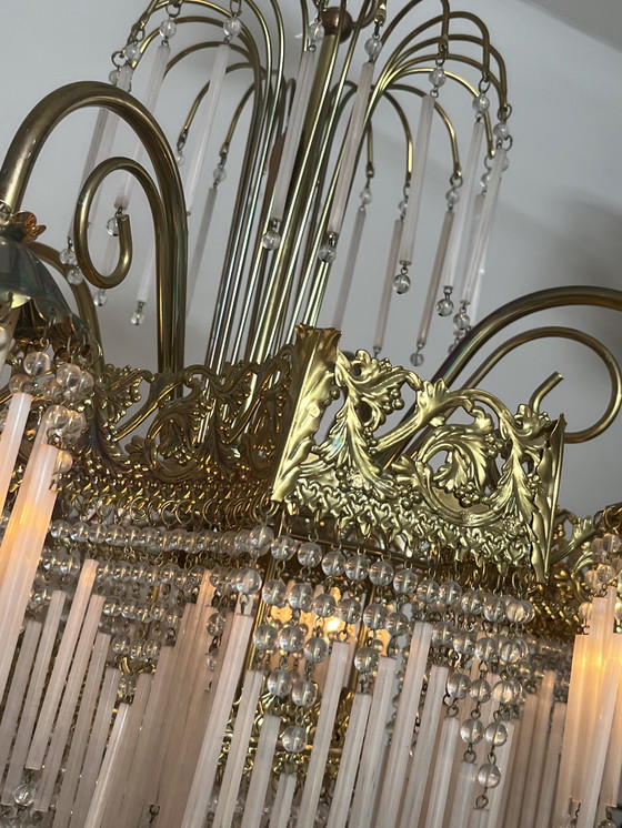 Image 1 of Vintage xl pink opaline rod chandelier pendant lamp art deco style