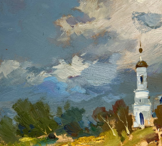 Image 1 of Original Oil Painting Summer Church Landscape Golden domes of the church