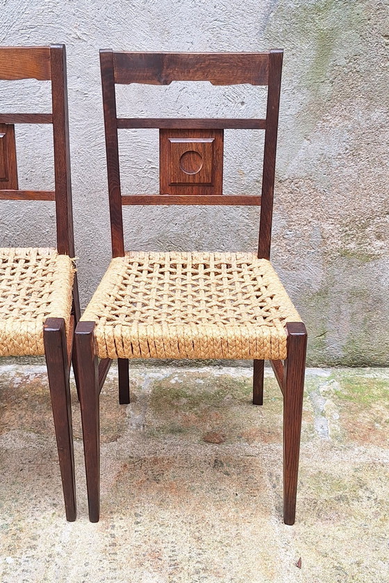 Image 1 of Set of 4 Oak and Rope Chairs by Audoux Minnet 50s