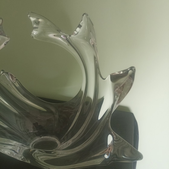 Image 1 of Large Vintage Crystal 'Wave' Sculpture / Bowl – Art Vannes France – 1960s (H 34 cm)