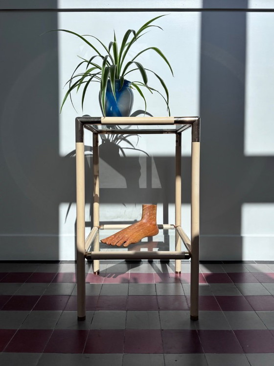 Image 1 of Vintage 1970s Italian Hollywood Regency Side Table by Banci Firenze – Cream & Brass Two-Tier Glass End Table