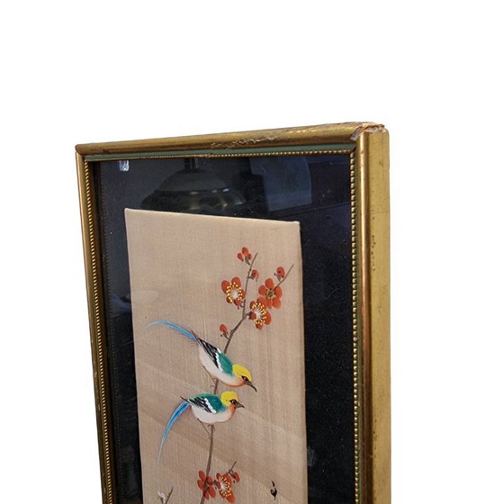 Image 1 of Vintage Chinese painting on silk with 2 birds