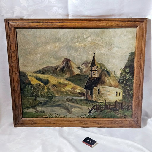 Vintage Oil Painting on Wooden Board | Found in the Attic | Signed by E. Geishofer | Old Church by the Lake | Oak Wood Frame 