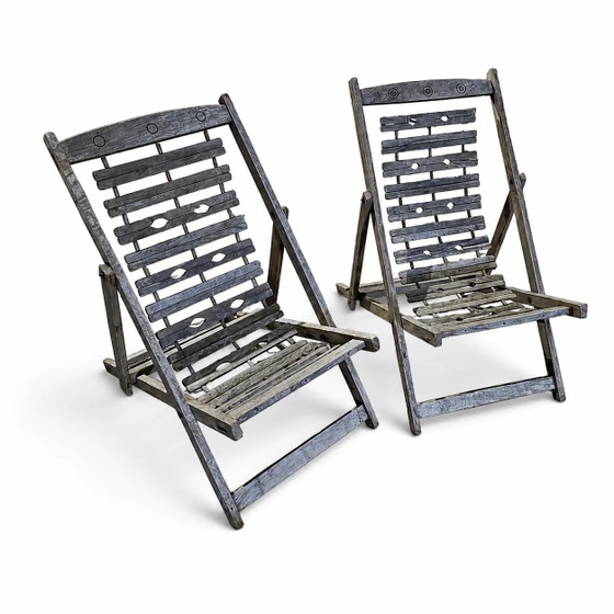 2 x chaises longues coloniales en bois massif pliables et lourdes / chaises longues / années 1960 – Transat (photo 6 of 9)