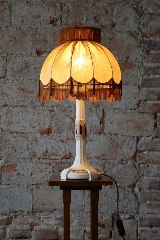 Restored Art Deco Table Lamp, Ceramic, Textile Lampshade, Austria-Vienna, 1910s (photo 6 of 11)