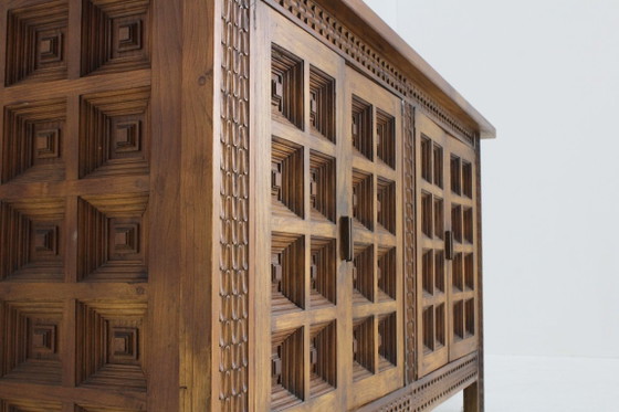 Vintage Spaans Brutalist sideboard dressoir, Hout, Bruin (foto 7 van 9)