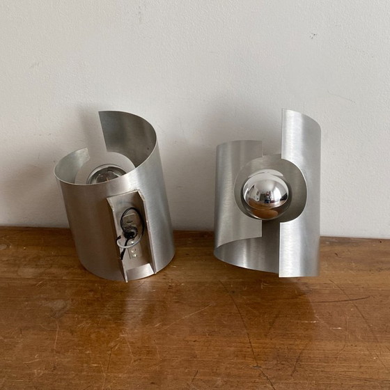 Pair of Oxar Wall lights. 1970. Brushed stainless steel., Metal, Silver (photo 7 of 7)