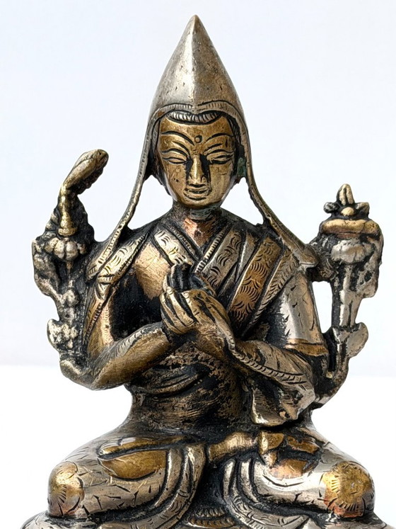 Tsongkhapa Silvered Statue Tibetan Buddhist Lama Engraved Vintage Nepal – Sculpture, Brass (photo 2 of 14)