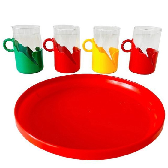 Image 1 of Set vintage theeglazen Kunststof Houder met dienblad 1980's