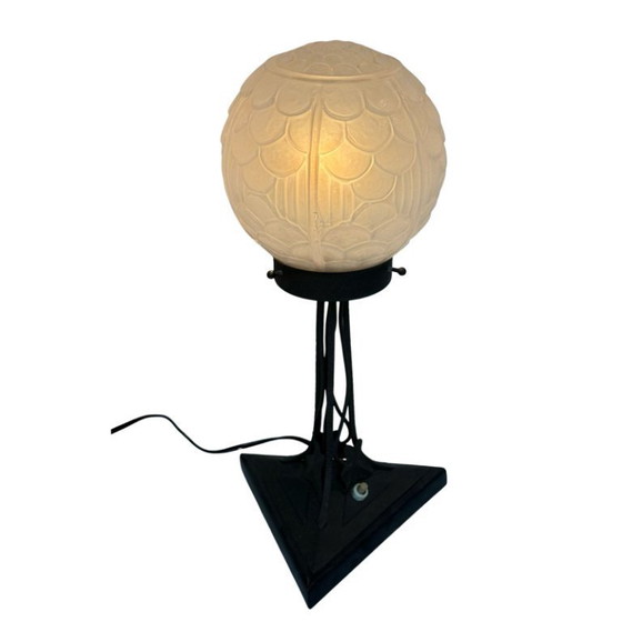 Image 1 of Art deco - Tafellamp - Satijn glazen stolp op smeedijzeren voet - Frankrijk - Ca. 1930's