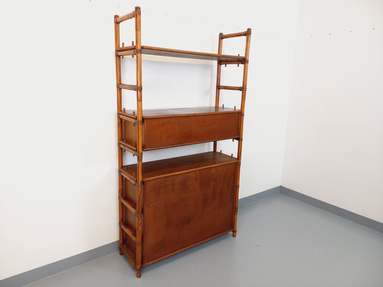 Image 1 of Large Vintage Rattan, Wood and Cane Bookcase from the 70s