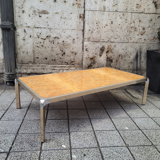 Image 1 of Table basse en bois de ronce et acier, style Guy Lefèvre, années 70 – France