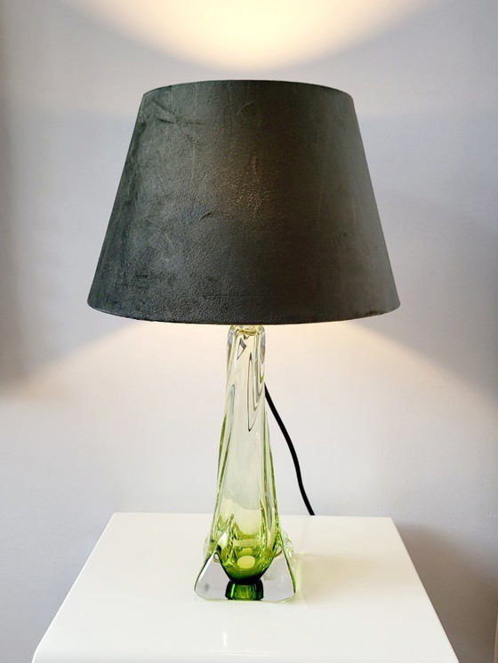 Image 1 of Val Saint Lambert crystal lamp turned base, green color, Belgium