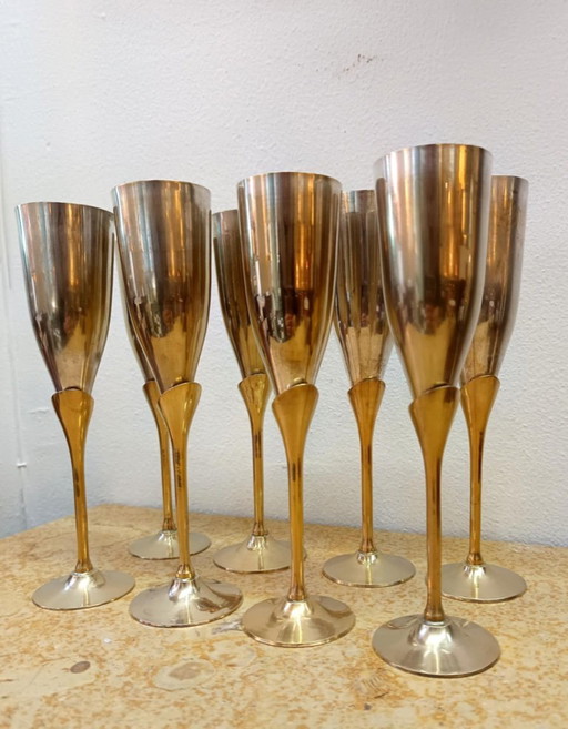 8x flûtes à champagne métal et laiton Hollywood Regency 1970