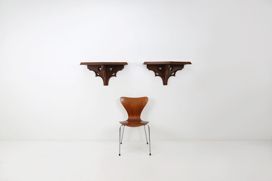 Image 1 of Paar von 2 antiken geschnitzten Eichenwandkonsolen, Frankreich ca. 1850