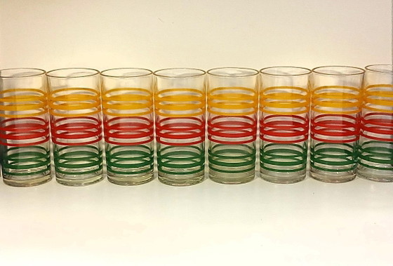 Image 1 of (W006) Lot de 8 verres à rayures Libbey Fiesta Mambo vintage – Splendeur rétro des années 70