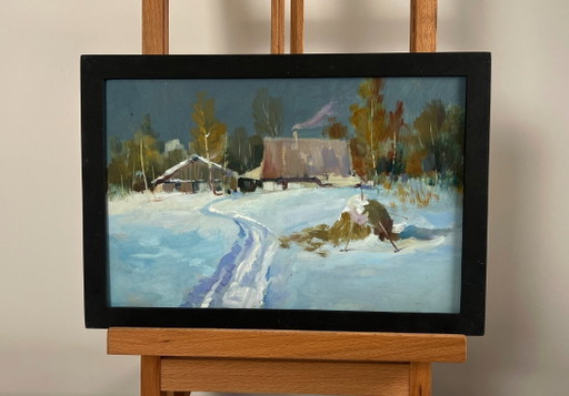 Origineel olieverfschilderij: Winterdorplandschap, comfort tijdens een winternacht.