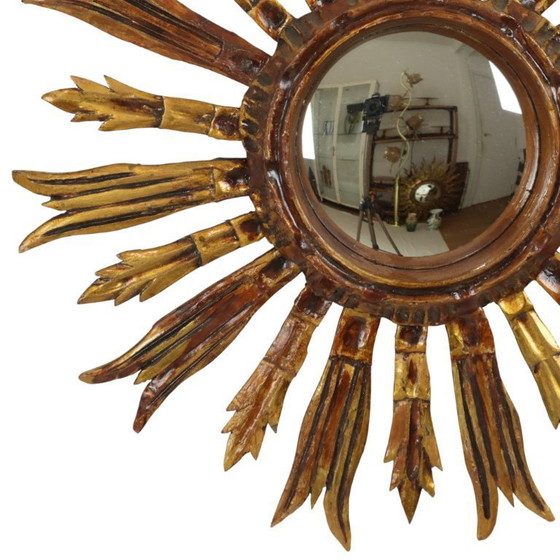 Image 1 of Vintage Wooden Sun Mirror Sunburst Gold Fifties 52cm