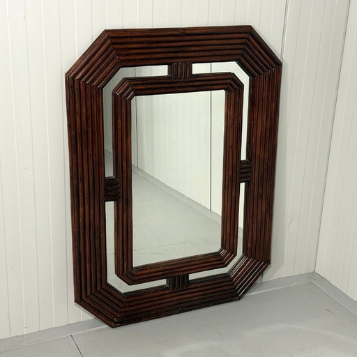 Grand miroir en rotin foncé, années 1970