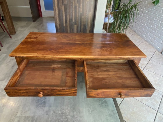 Image 1 of Rustic farmhouse coffee table in solid wood with 2 drawers, circa 1930