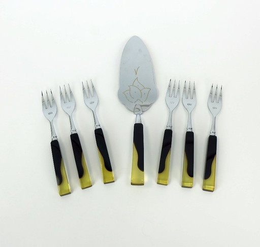 1930s art déco bakelite CAKE LIFTER and 6 cake forks black bakelite and lucite cake serving set in original box