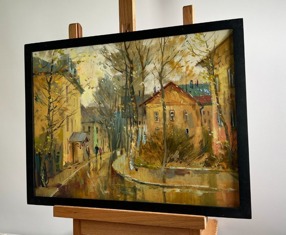 Image 1 of Pintura al óleo original Paisaje urbano otoñal Reflejos del otoño