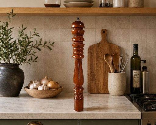 Grote vintage gedraaide houten peperstrooier